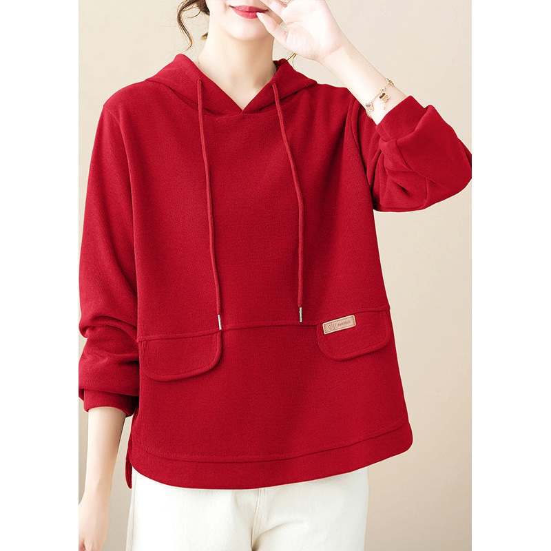 Red Patchwork Plus Size Cotton Pullover Streetwear Hooded Fall