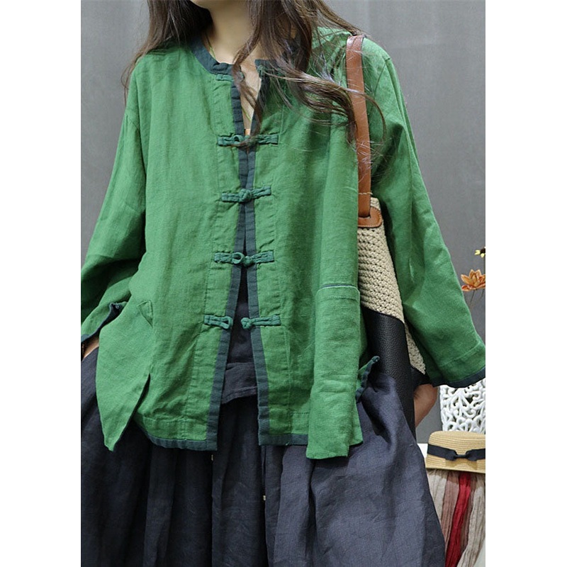 Retro Green O-Neck Patchwork Button Side Open Shirts Long Sleeve