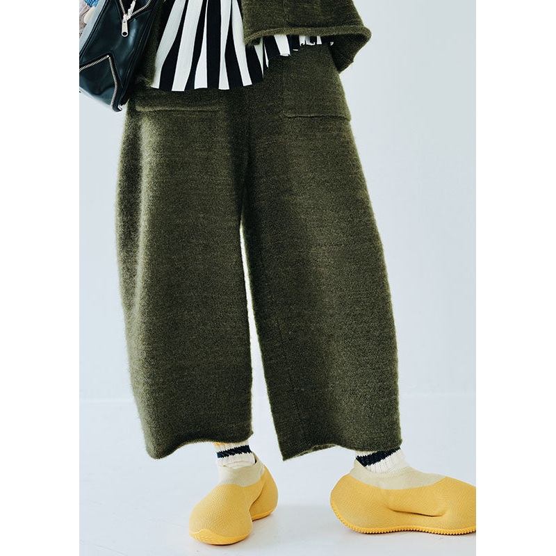 Simple Blackish Green Elastic Waist Cotton Knit Wide Leg Pants