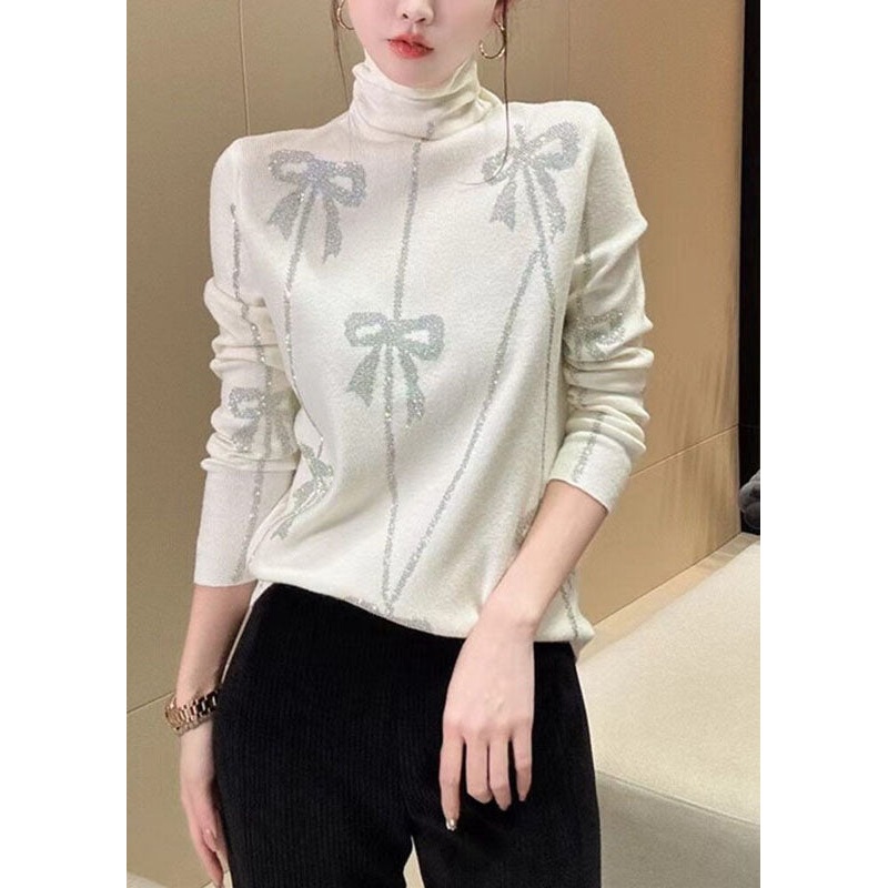 Slim Fit White Turtleneck Zircon Cotton Knit Top Fall