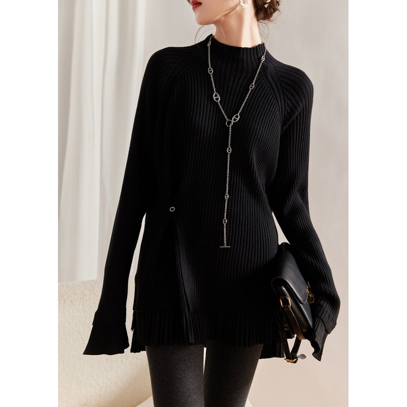 Style Black Patchwork False Two Pieces Thick Knit Sweater Winter