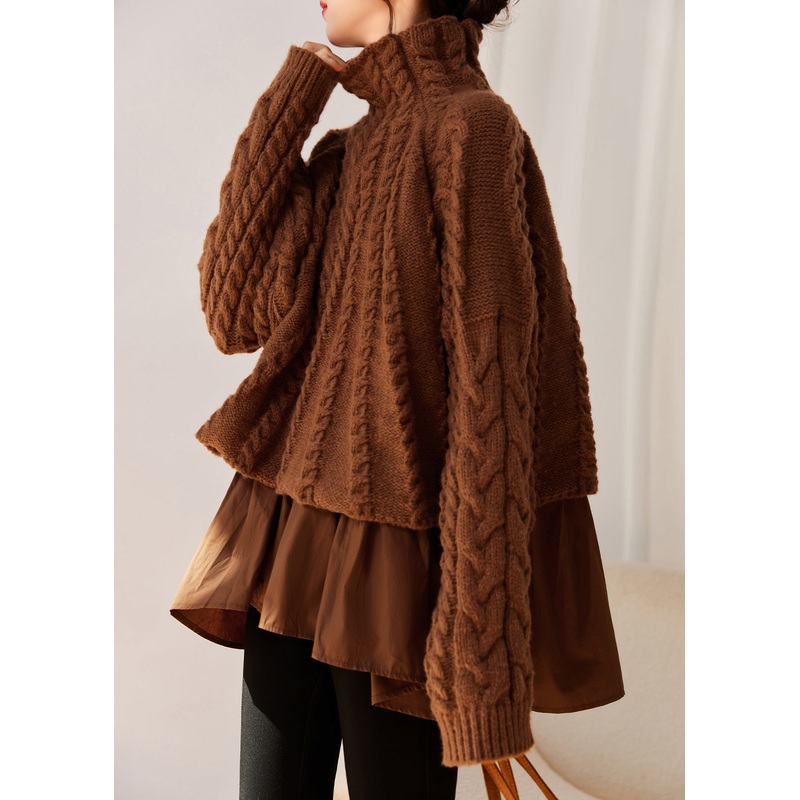 Style Caramel Hign Neck False Two Pieces Knit Sweaters Winter
