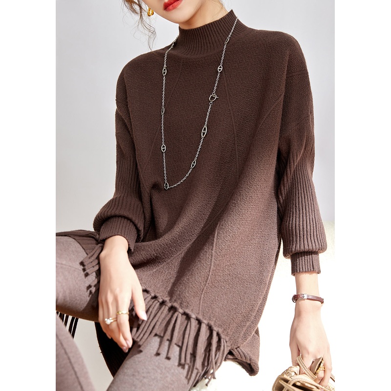 Style Loose Coffee Tasseled Thick Patchwork Knit Sweaters Winter