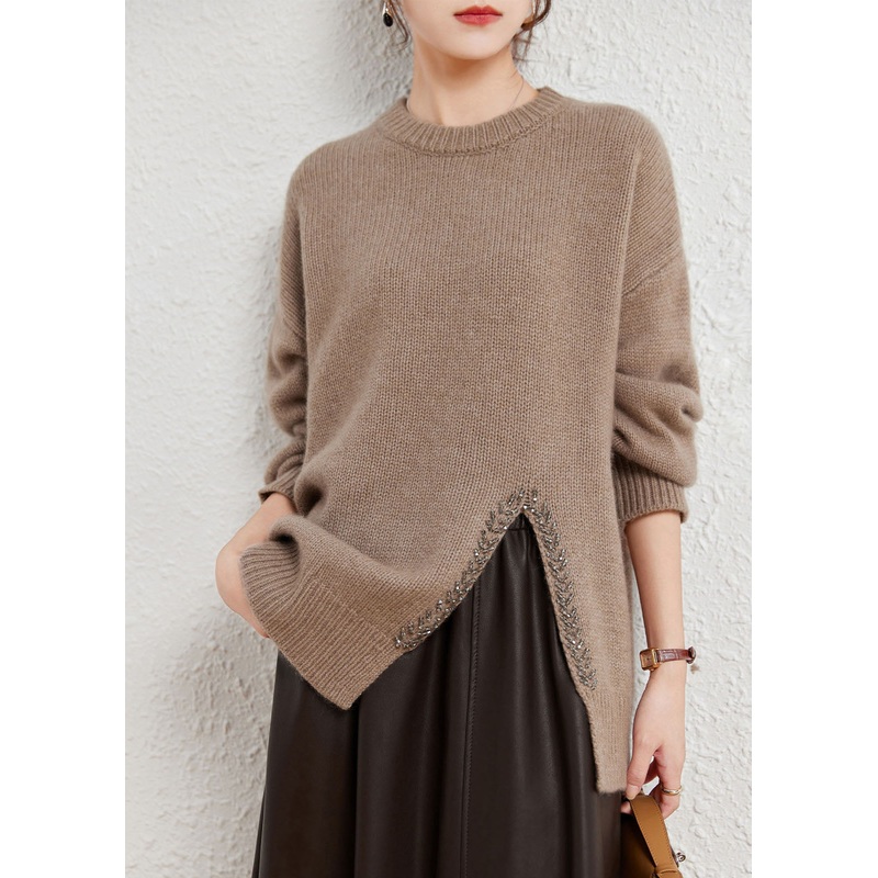 Stylish Camel Asymmetrical Design Wool Cotton Knit Sweater Long Sleeve