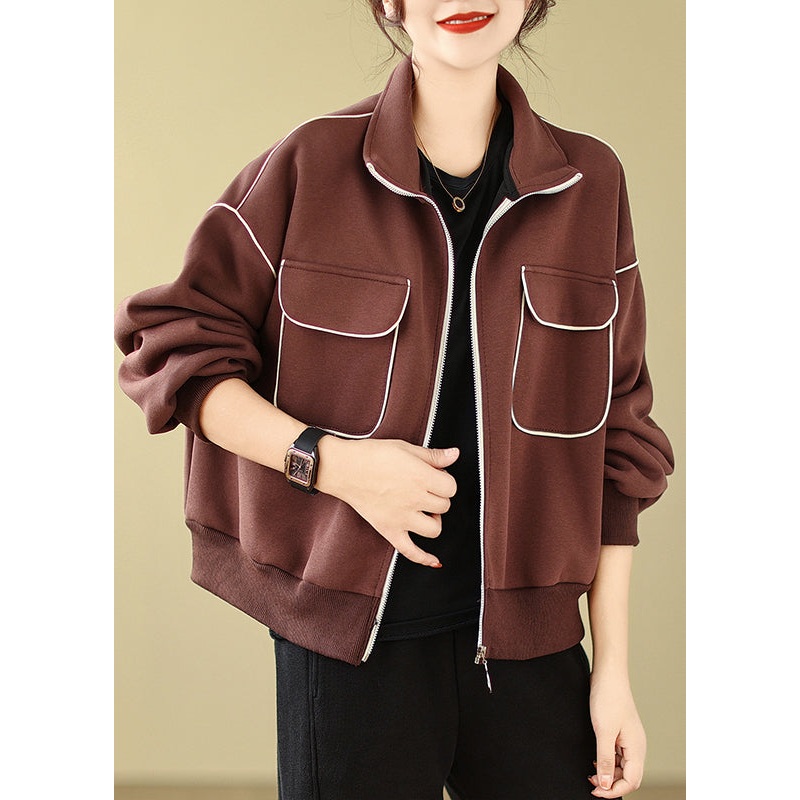 Stylish Coffee Zip Up Pockets Cotton Jacket Spring
