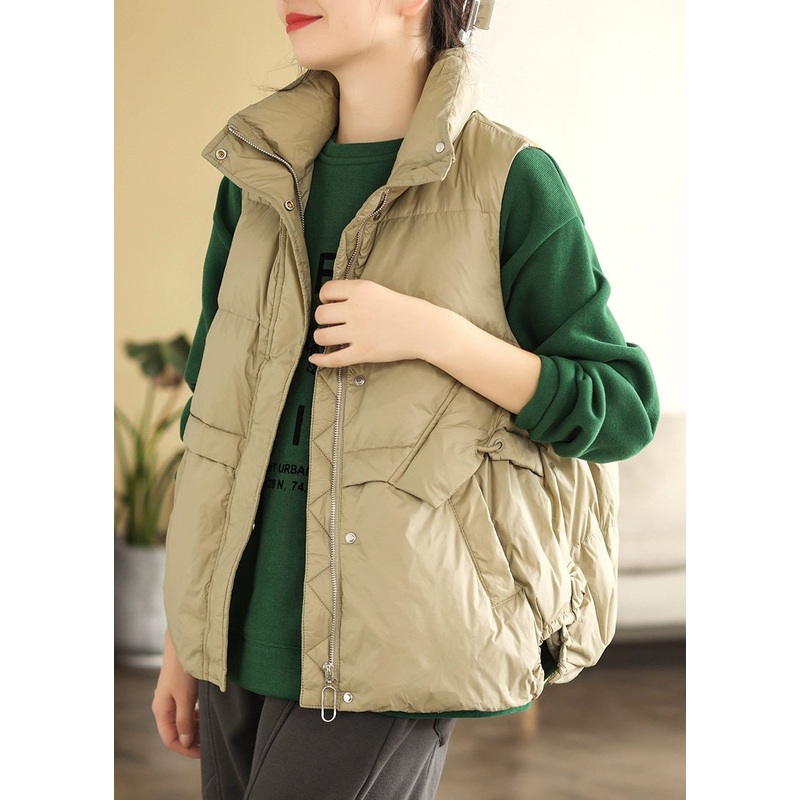 Stylish Khaki Zip Up Patchwork Fine Cotton Filled Vest Sleeveless