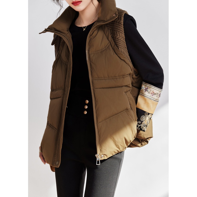 Stylish Khaki Zip Up Pockets Patchwork Fine Cotton Filled Vest Sleeveless