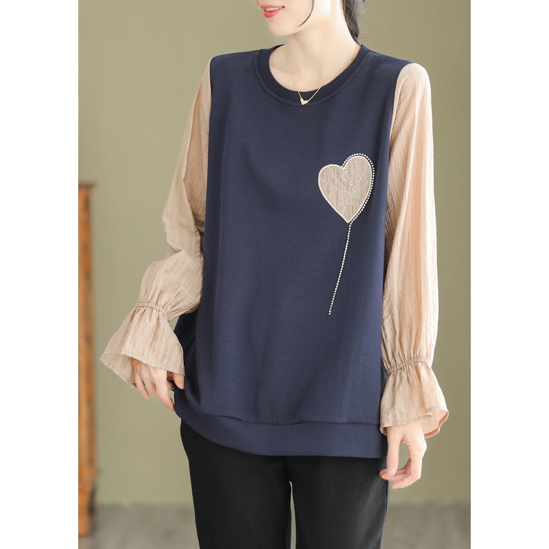Stylish Navy O Neck Heart Patchwork False Two Pieces Cotton Top Fall