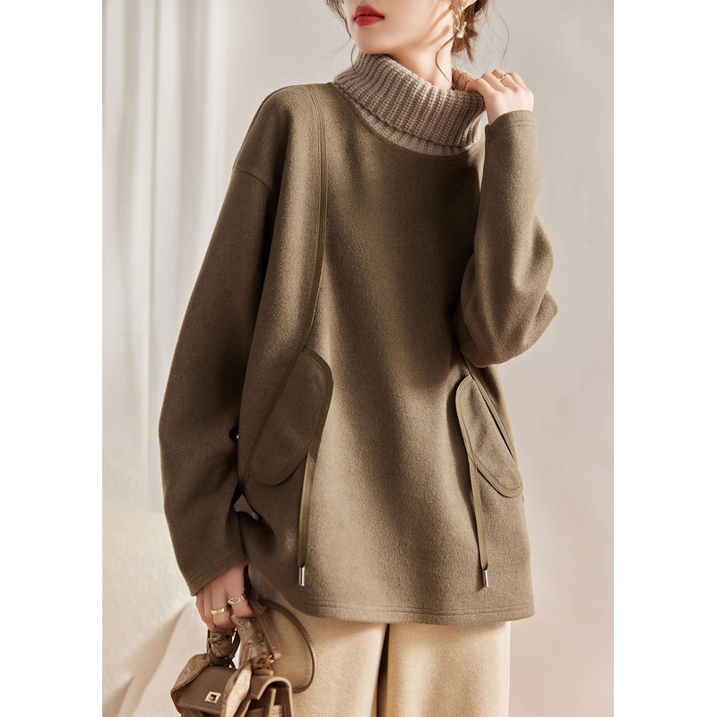 Unique Green Turtleneck Knit Patchwork Woolen Sweatshirts Long Sleeve