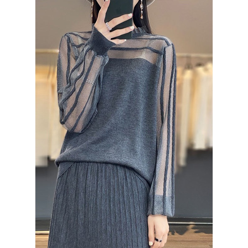 Unique Grey O-Neck Ruffled Tulle Patchwork Woolen Top Long Sleeve