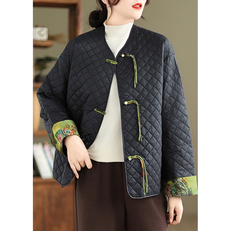 Vintage Black Tasseled Button Patchwork Fine Cotton Filled Jackets Winter