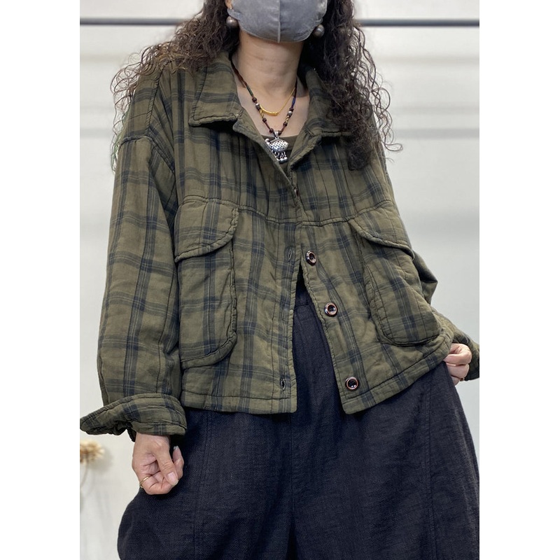 Vintage Green Plaid Button Patchwork Cotton Filled Coat Long Sleeve