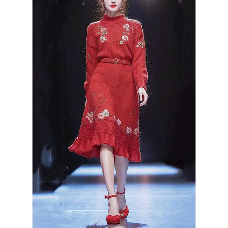 Vogue Red Turtleneck Floral Sashes Cotton Knit Long Sweater Dress Winter
