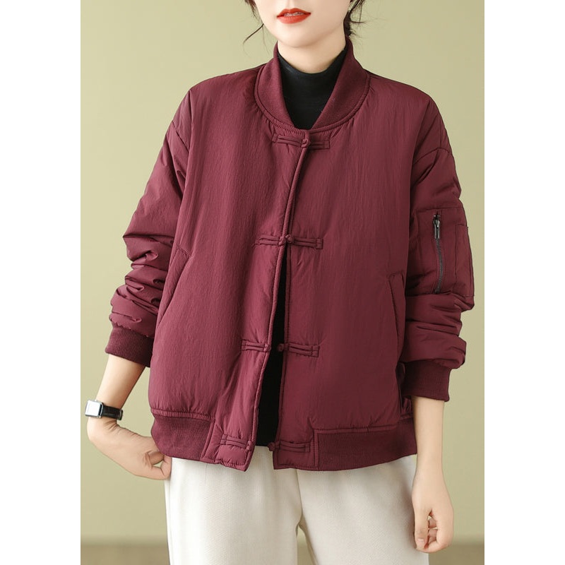Wine Red Pockets Patchwork Cotton Filled Parka Stand Collar Winter