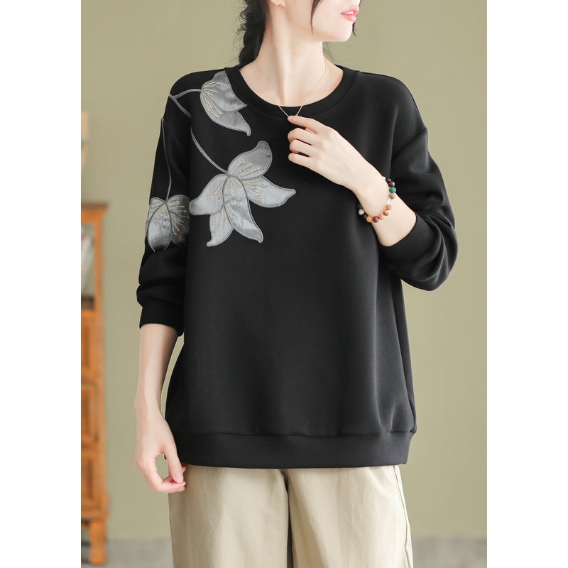 Women Black O Neck Embroideried Cotton Pullover Sweatshirt Fall