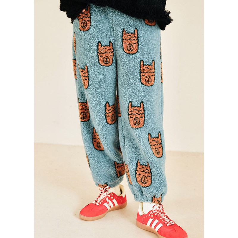 Women Blue Pockets Print Elastic Waist Thick Faux Fur Pants Fall