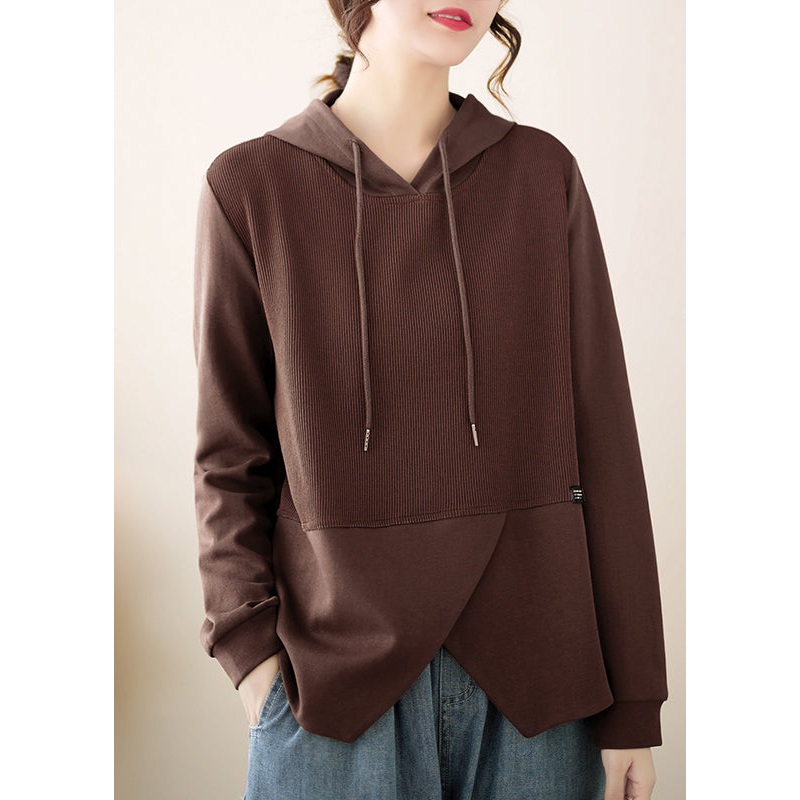 Women Coffee Asymmetrical Ruffled Patchwork Cotton Hooded Top Fall