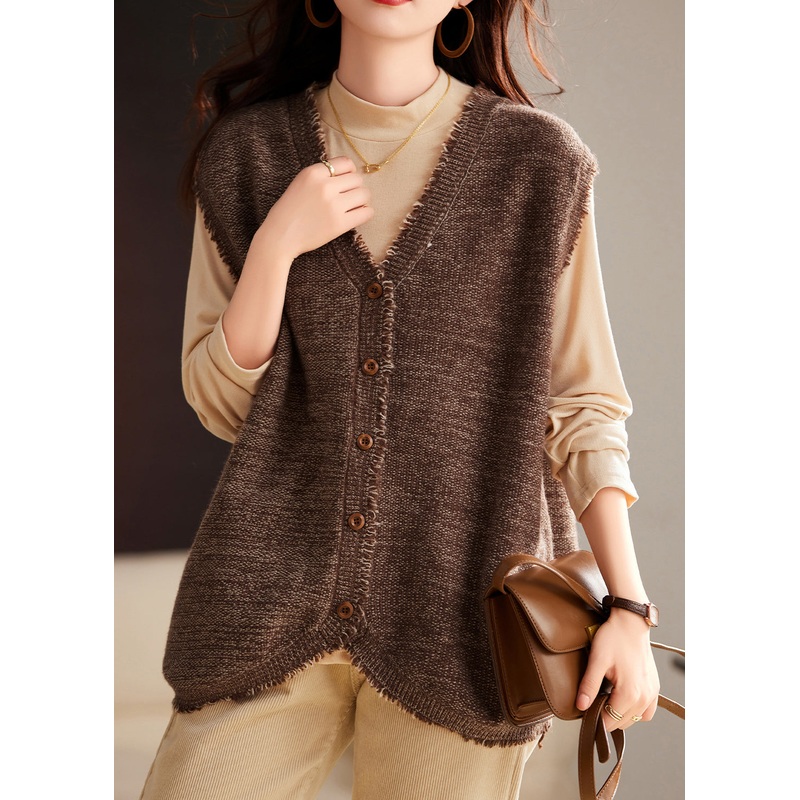 Women Coffee Tasseled Knit Vest And Cotton Top Two Pieces Set Winter