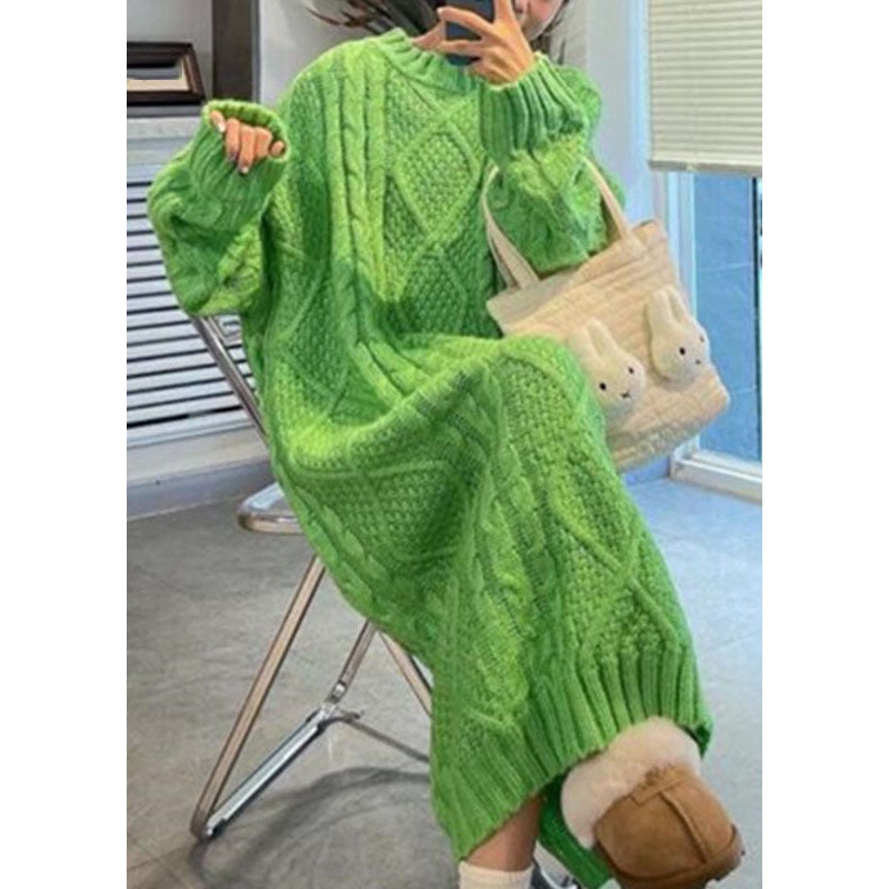 Women Green O-Neck Cozy Cable Cotton Knit Sweaters Dress Fall