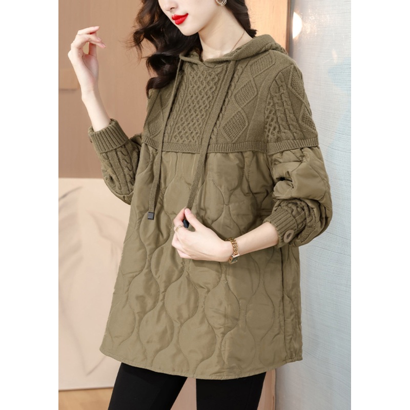 Women Khaki Hooded Knit Patchwork Thick Tops Long Sleeve