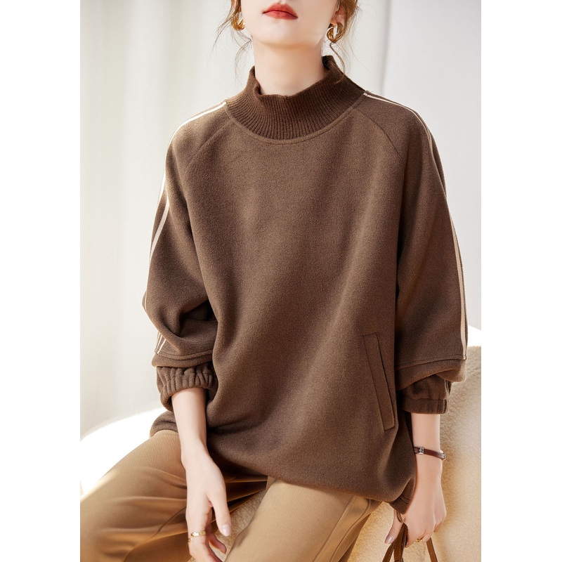 Women Khaki Striped Patchwork Drawstring Thick Pullover Fall