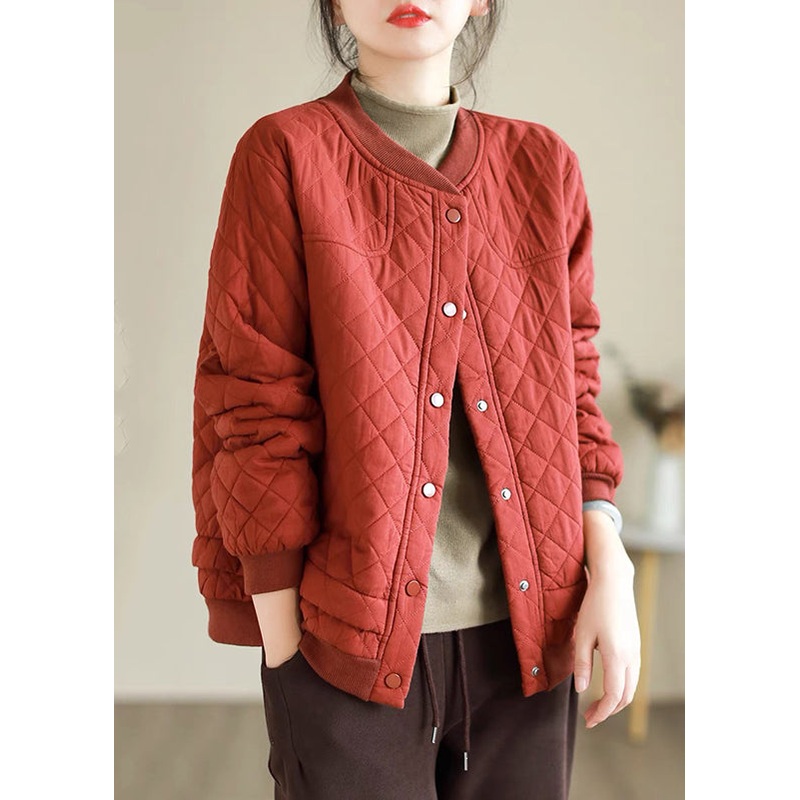 Women Red Button Warm Fine Cotton Filled Puffers Jackets Winter