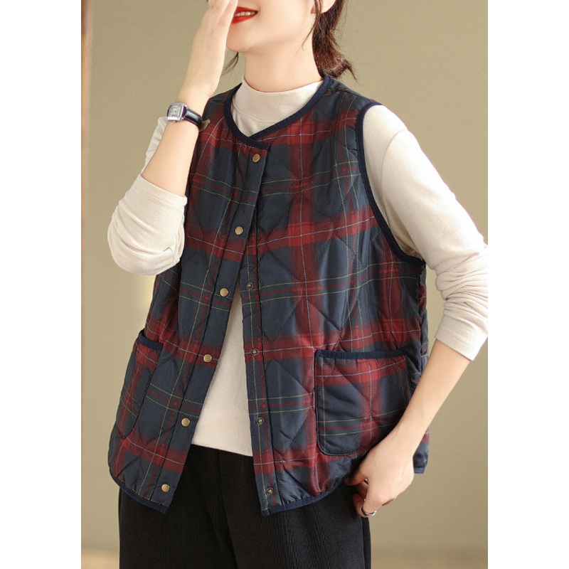 Women Red Navy Plaid Pockets Patchwork Warm Fleece Vest Sleeveless