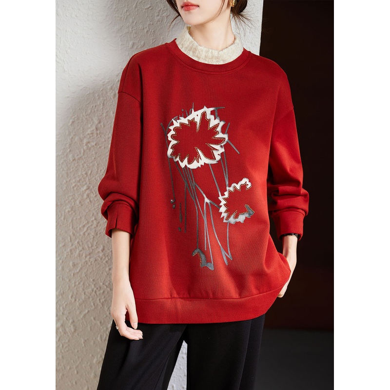 Women Red Turtleneck Patchwork Print Fake Two Pieces Fleece Sweatshirt Winter