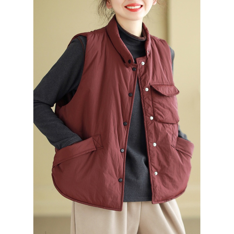Women Wine Red Button Pockets Cotton Filled Waistcoat Sleeveless