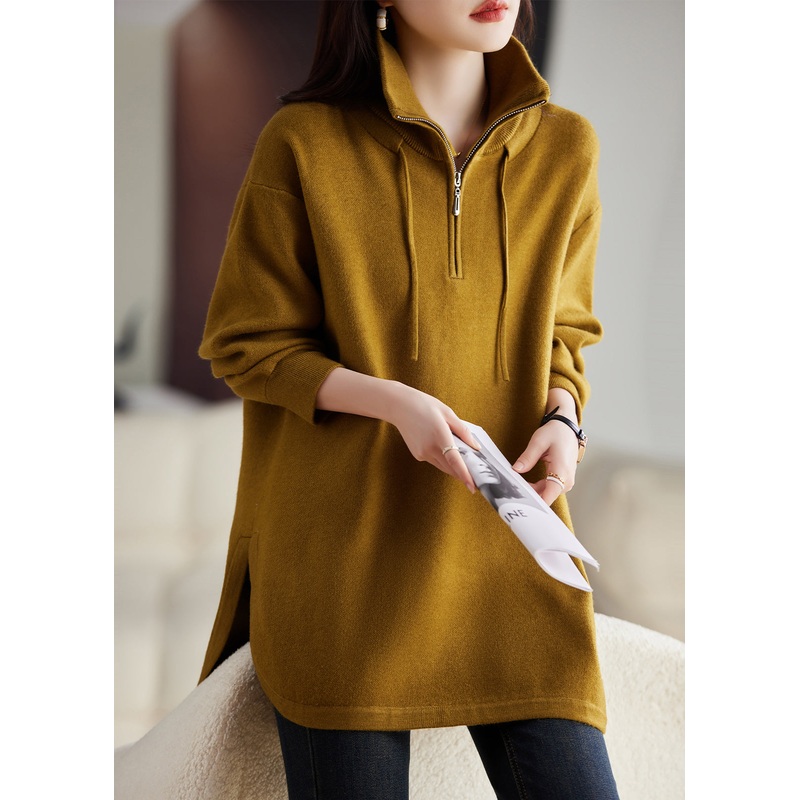 Women Yellow Zip Up Patchwork Knit Sweatshirt Top Fall