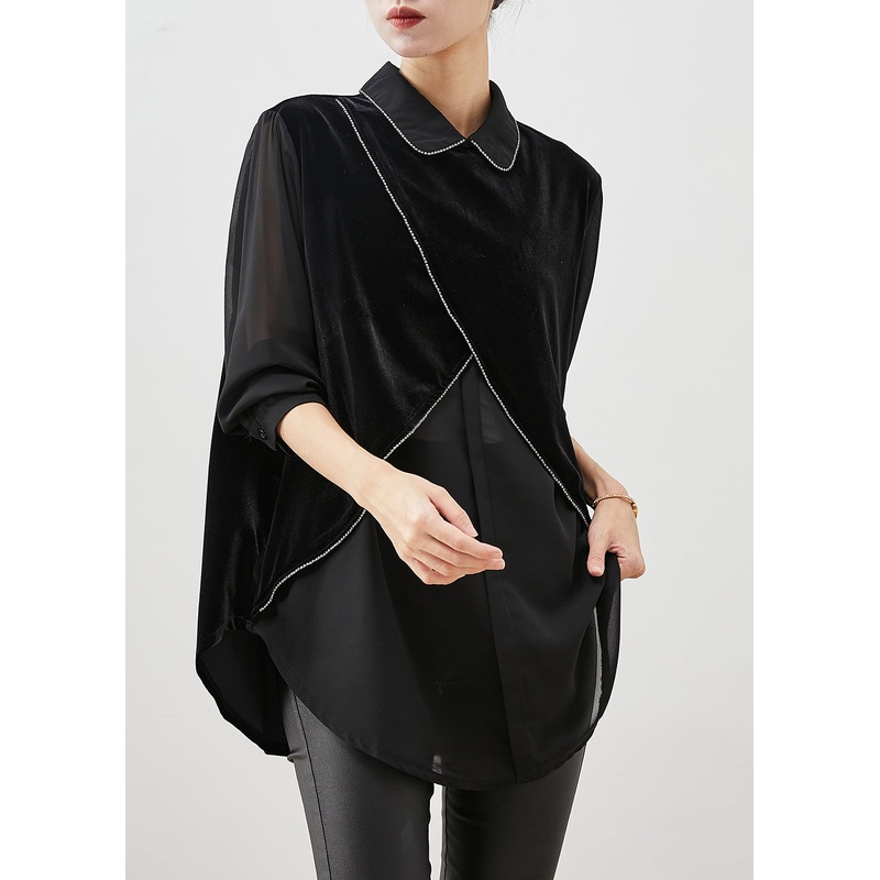 Art Black Asymmetrical Patchwork Silk Velour Blouses Spring