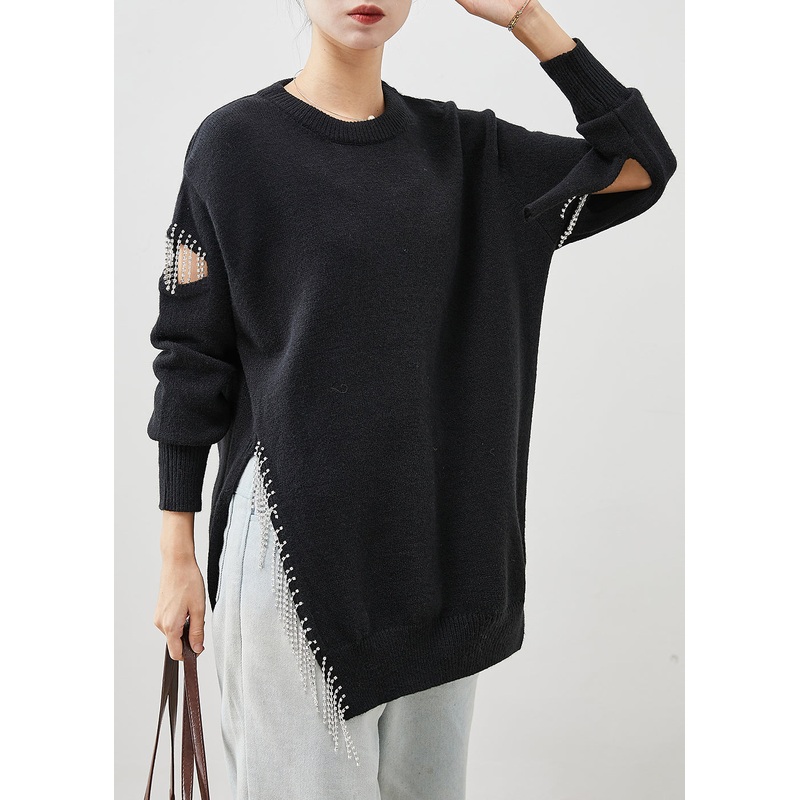 Art Black Tasseled Hollow Out Side Open Knit Top Winter