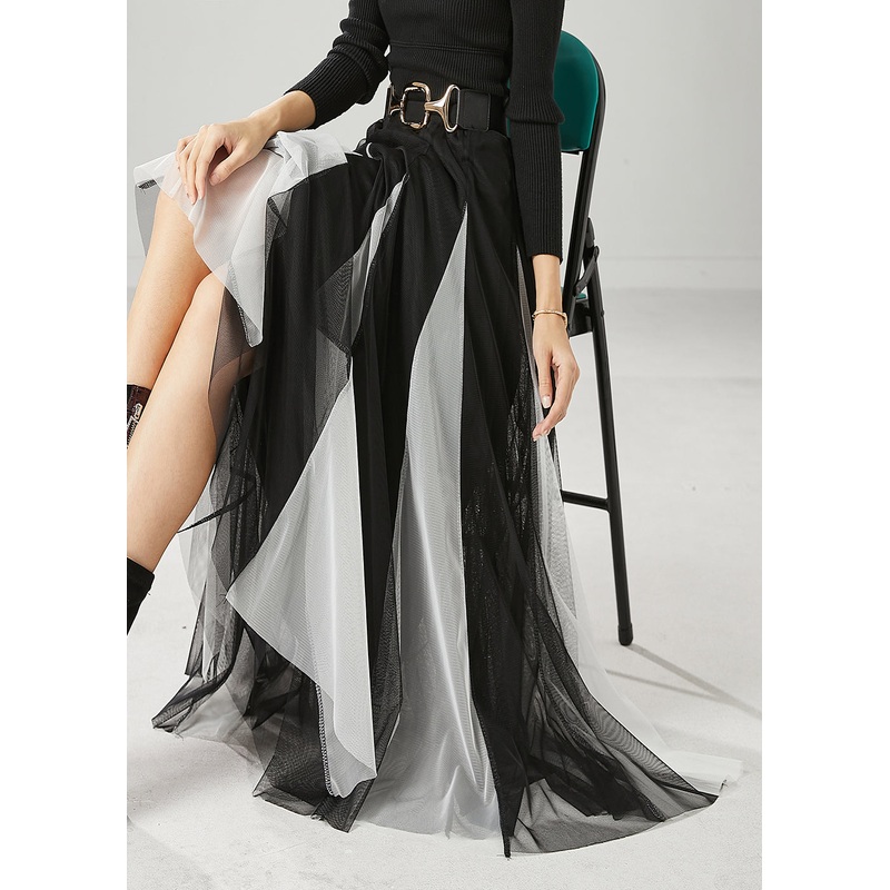 Art Black White Patchwork Tulle Pleated Skirts Spring