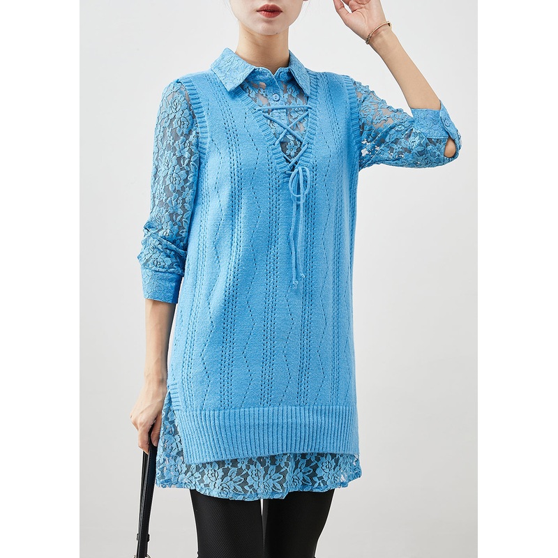 Art Sky Blue Lace Up Knit Vest Dress Two Piece Set Women Clothing Spring