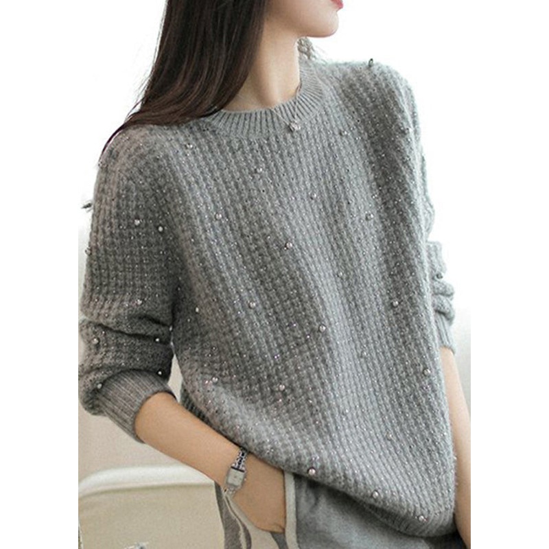 Beautiful Grey O Neck Nail Bead Woolen Knit Sweaters Winter