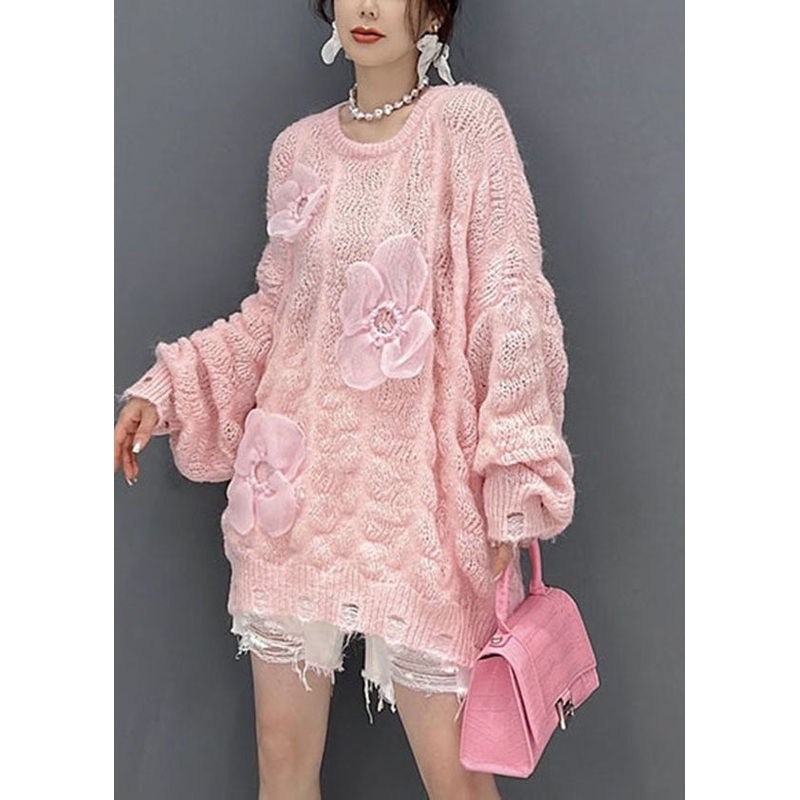 Beautiful Pink Oversized Hollow Out Applique Knit Sweater Tops