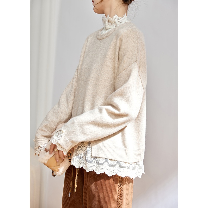 Beige Cozy Patchwork Cotton Knit Tops O Neck Long Sleeve