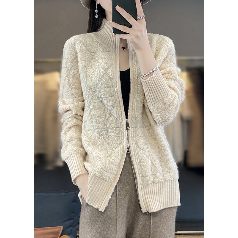 Beige Cozy Patchwork Wool Coats Stand Collar Long Sleeve