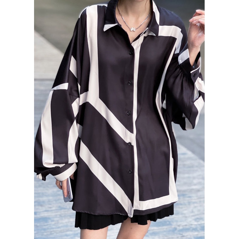 Black Button Patchwork Cotton Shirts Peter Pan Collar Fall