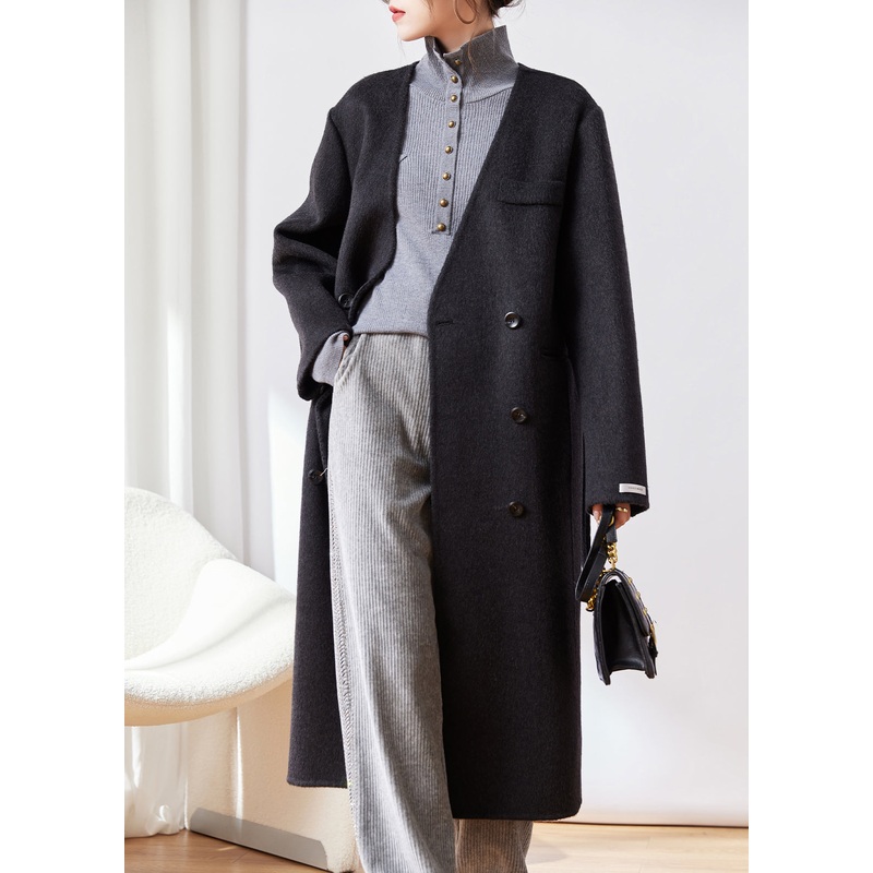 Black Button Patchwork Woolen Coat V Neck Long Sleeve