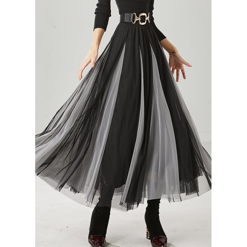 Black Grey Patchwork Tulle Holiday Skirts Wrinkled Spring