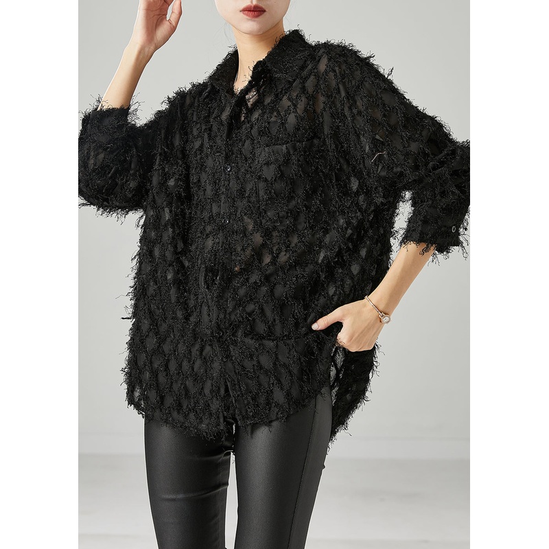 Black Oversized Cotton Shirt Tasseled Spring