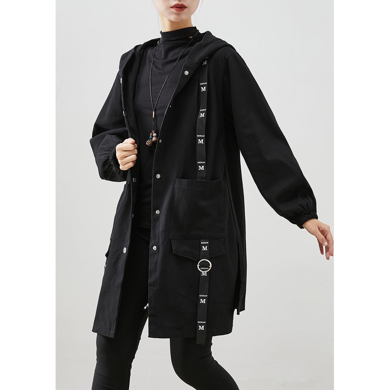 Black Patchwork Cotton Hoodie Trench Coat Oversized Fall