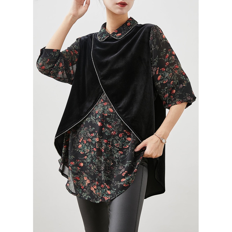 Black Print Patchwork Silk Velour Fake Two Piece Shirt Spring