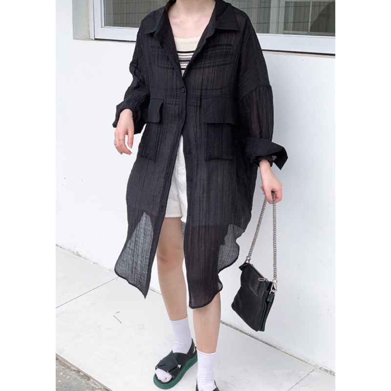 Black Wrinkled Patchwork Cotton Top Peter Pan Collar Long Sleeve
