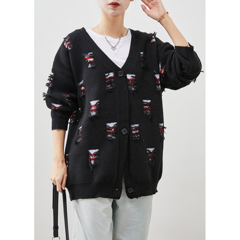 Bohemian Black Oversized Ripped Thick Knit Coat Spring