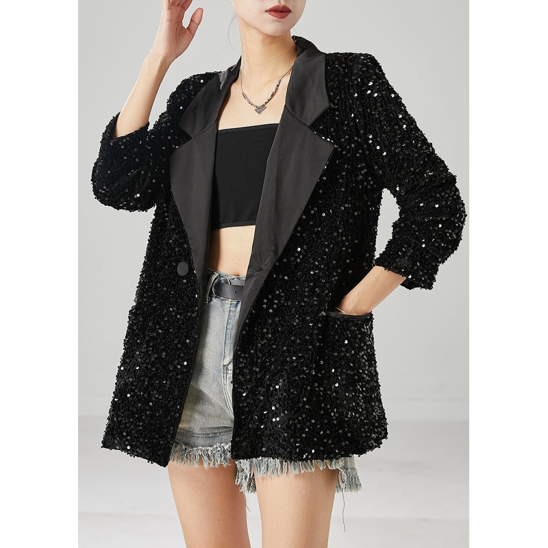 Boho Black Sequins Double Breast Jackets Spring