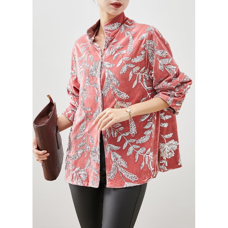 Boho Pink Stand Collar Leaf Sequins Silk Velour Shirt Spring