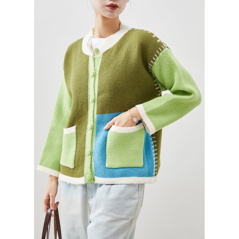 Boutique Green Oversized Patchwork Knit Jackets Spring