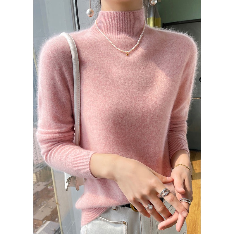 Boutique Pink Half Hign Neck Versatile Woolen Knitted Sweaters Fall